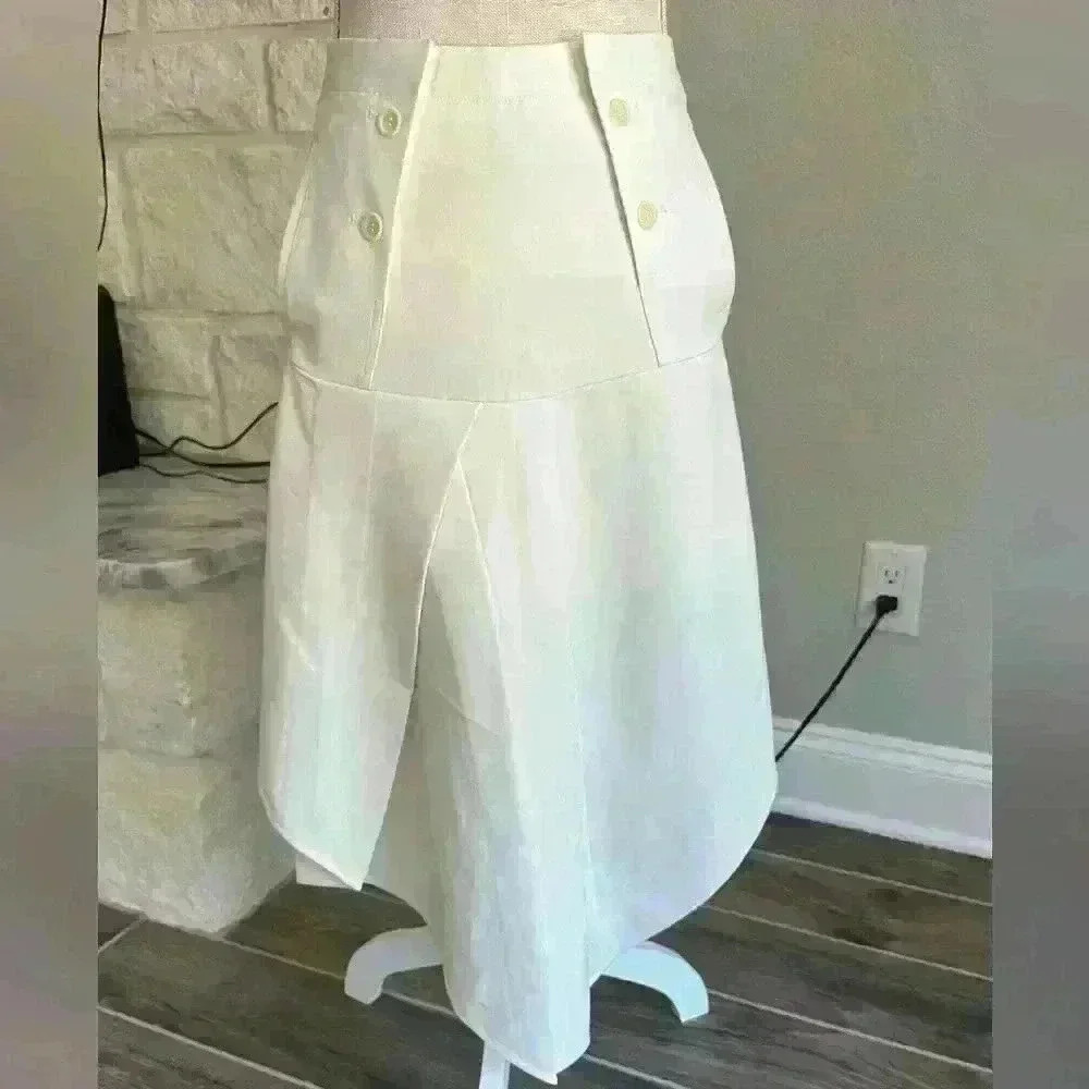 Tibi - White Buttoned Pleated Pencil Skirt w/ Asymmetrical Hem Sz 0